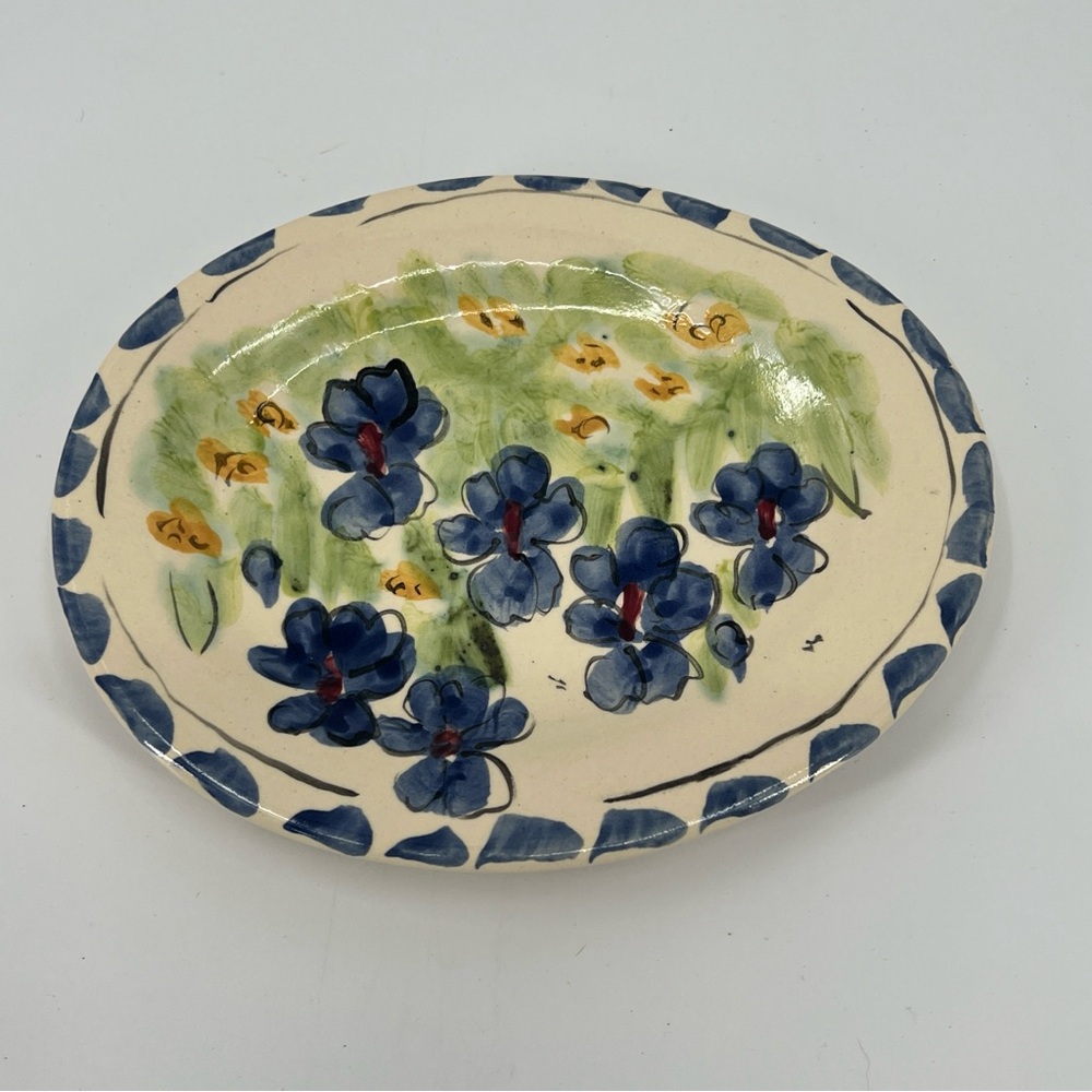 Jan Hoyman Hand Glazed Ceramic Platter | One of a Kind Blue Pansy Studio Art
